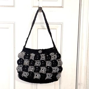 Elegant Black and Silver straw Handbag